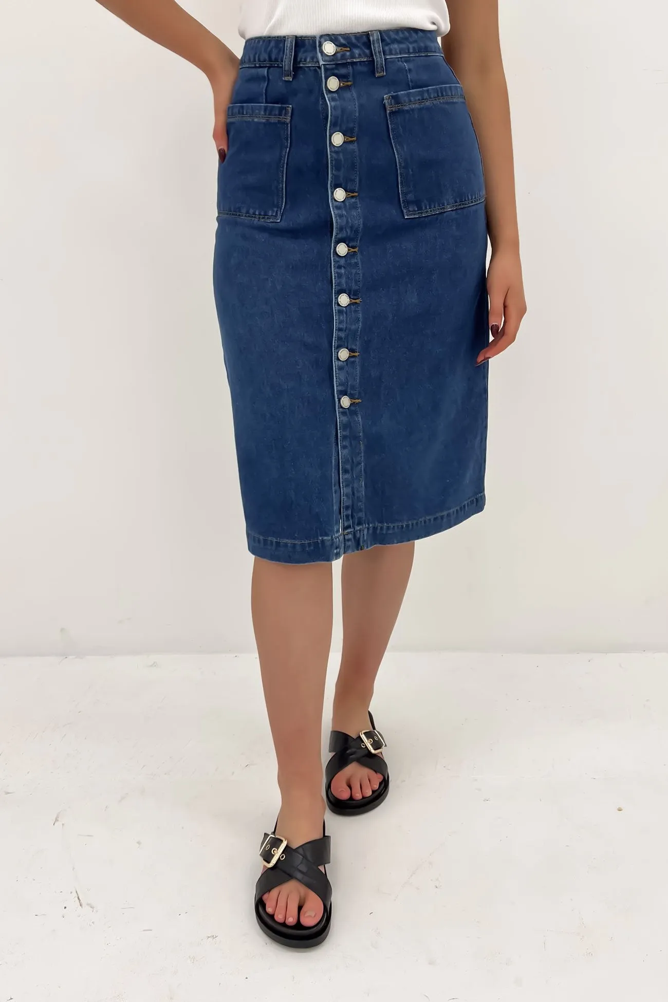 Kaydyn Denim Midi Skirt Mid Blue