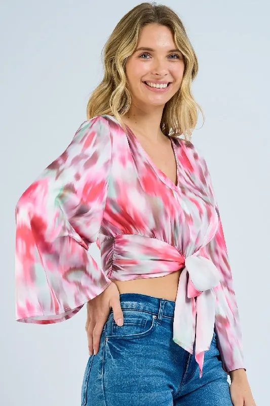 L Love Waist Bowtie Crop Flare Sleeve Top - Pink