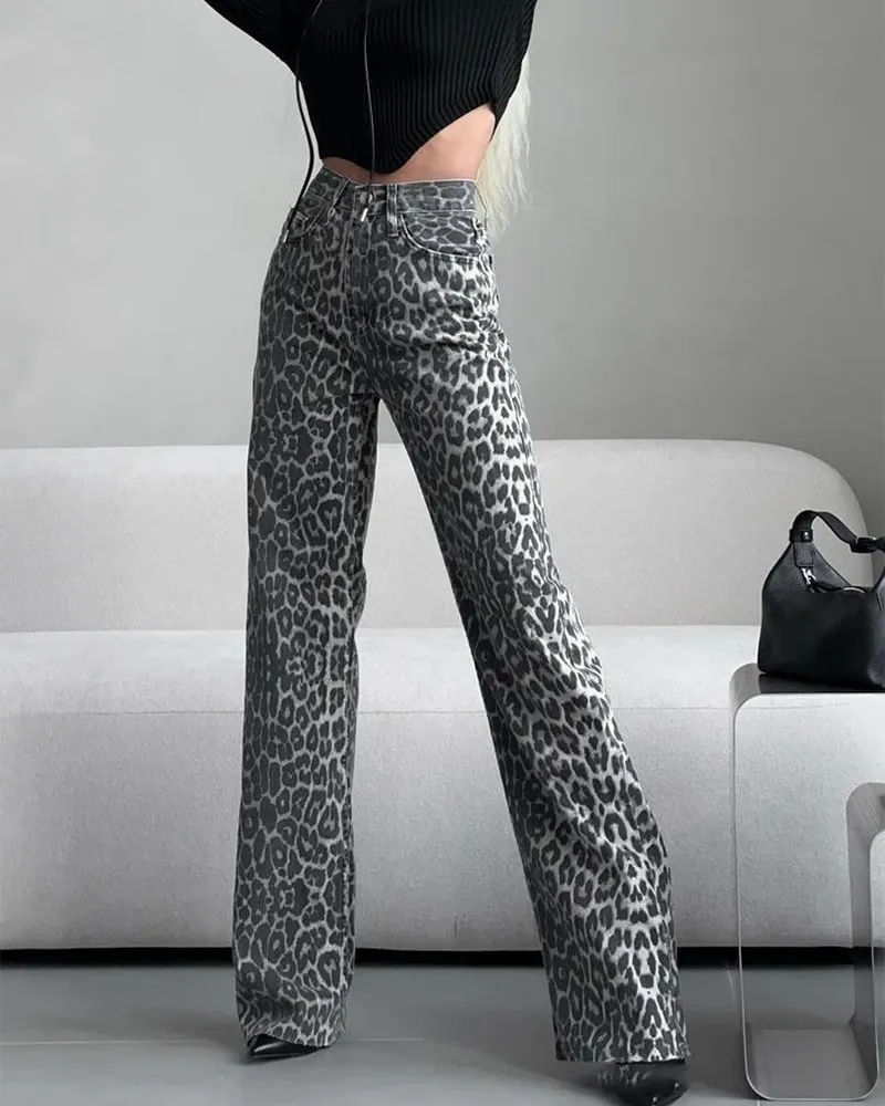 Leopard Print Straight-Leg Wide-Leg Trousers