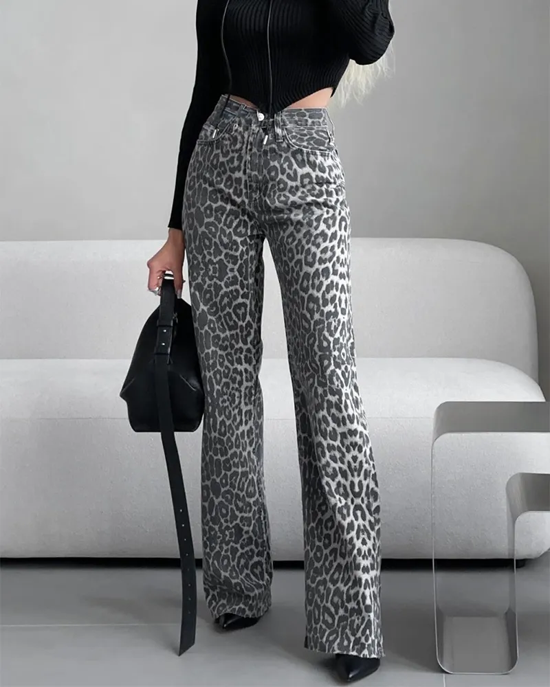 Leopard Print Straight-Leg Wide-Leg Trousers