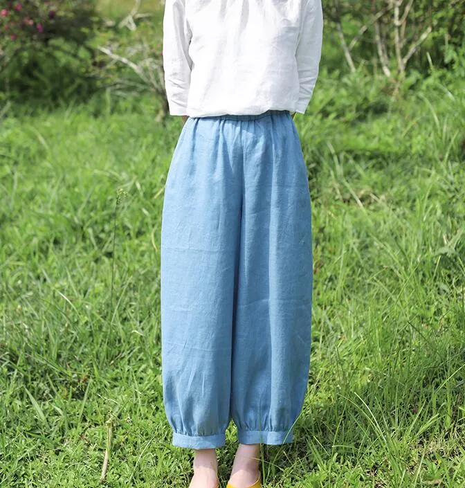 Light Blue Summer Loose Linen Wide Leg Women Casual Pants WG05131