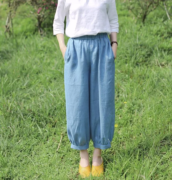 Light Blue Summer Loose Linen Wide Leg Women Casual Pants WG05131