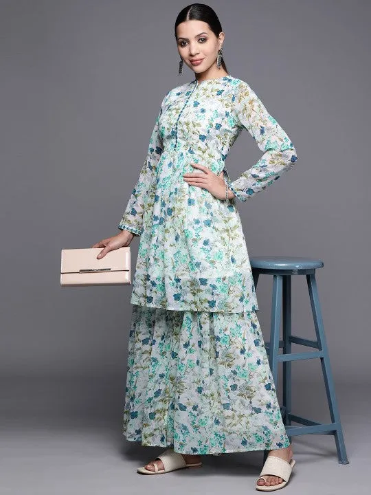 Long Sleeves Floral Printed Anarkali Kurta with Sharara Pants Set