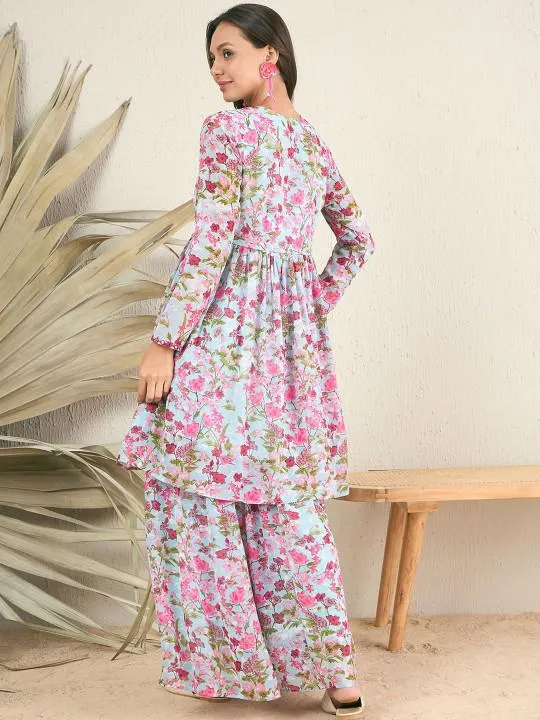 Long Sleeves Floral Printed Anarkali Kurta with Sharara Pants Set