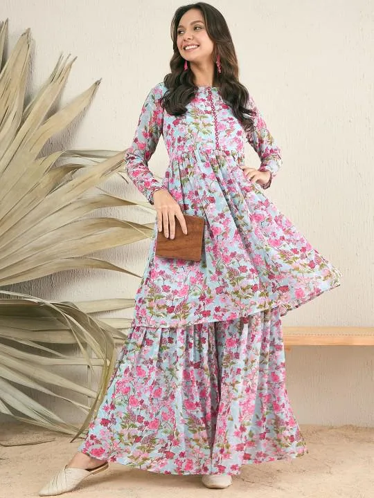 Long Sleeves Floral Printed Anarkali Kurta with Sharara Pants Set