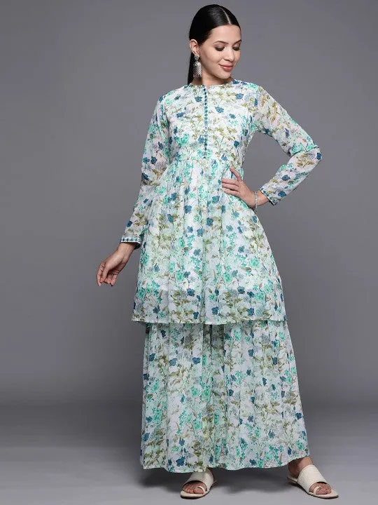 Long Sleeves Floral Printed Anarkali Kurta with Sharara Pants Set