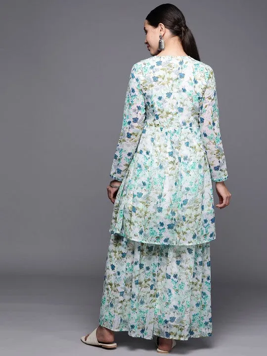 Long Sleeves Floral Printed Anarkali Kurta with Sharara Pants Set