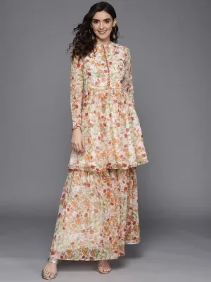 Long Sleeves Floral Printed Anarkali Kurta with Sharara Pants Set