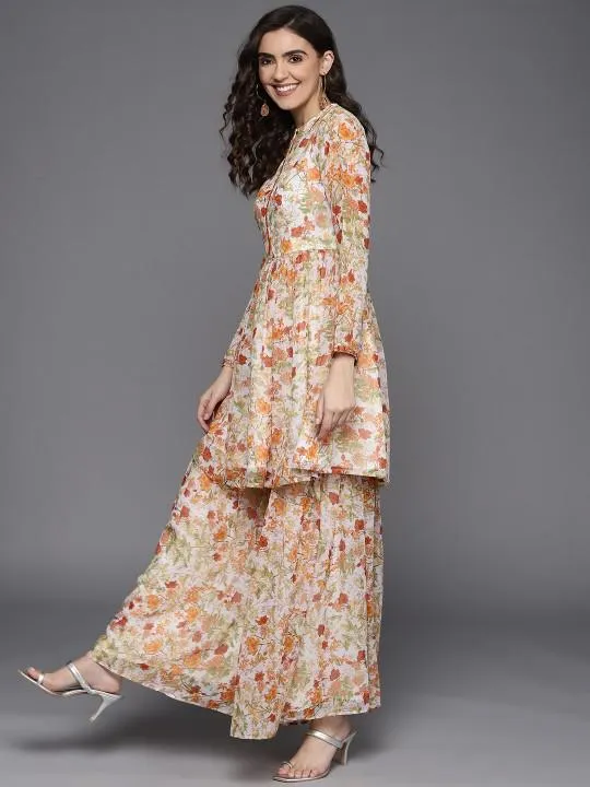 Long Sleeves Floral Printed Anarkali Kurta with Sharara Pants Set