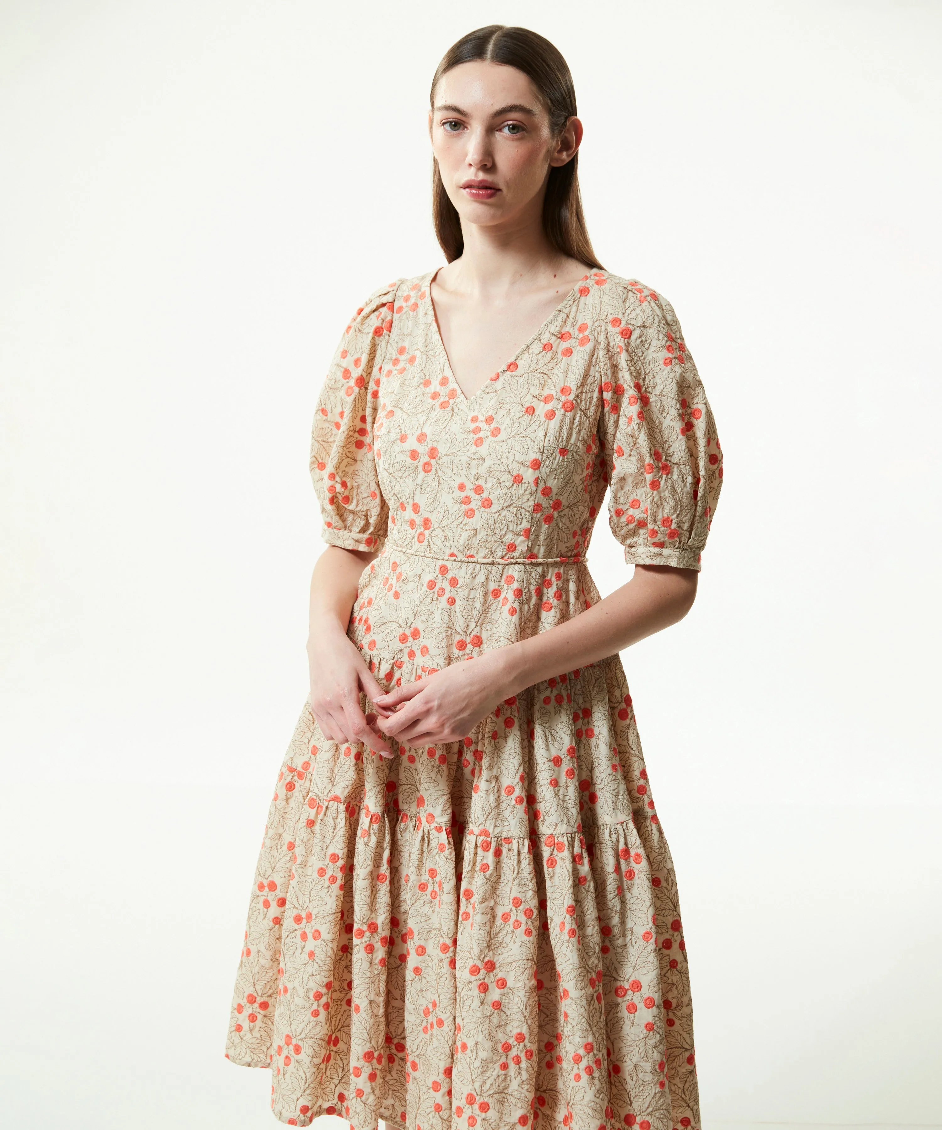 Machka Embroidered V-Neck Midi Dress Orange