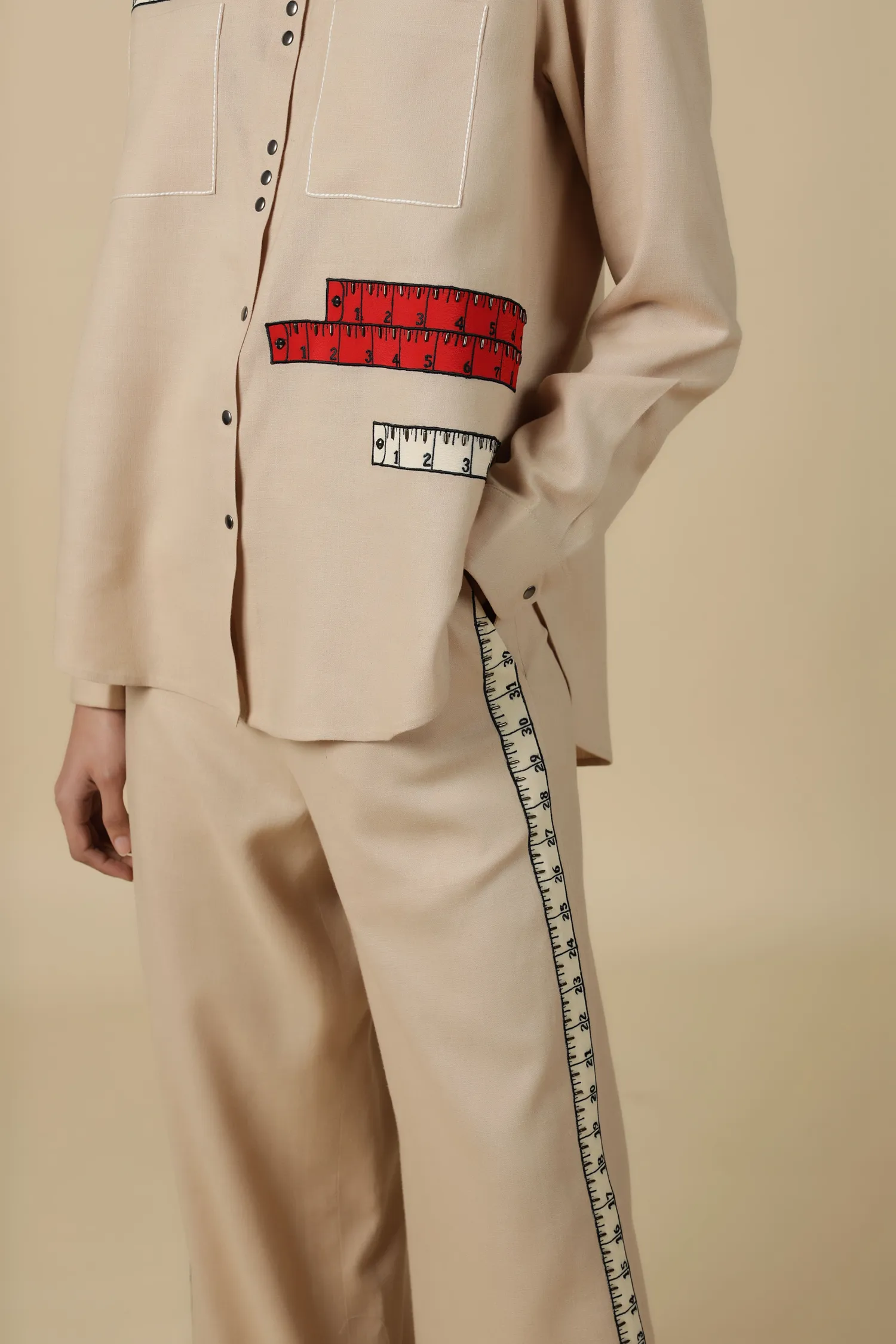 Measuring Tape High Low Shirt With Flared Pants