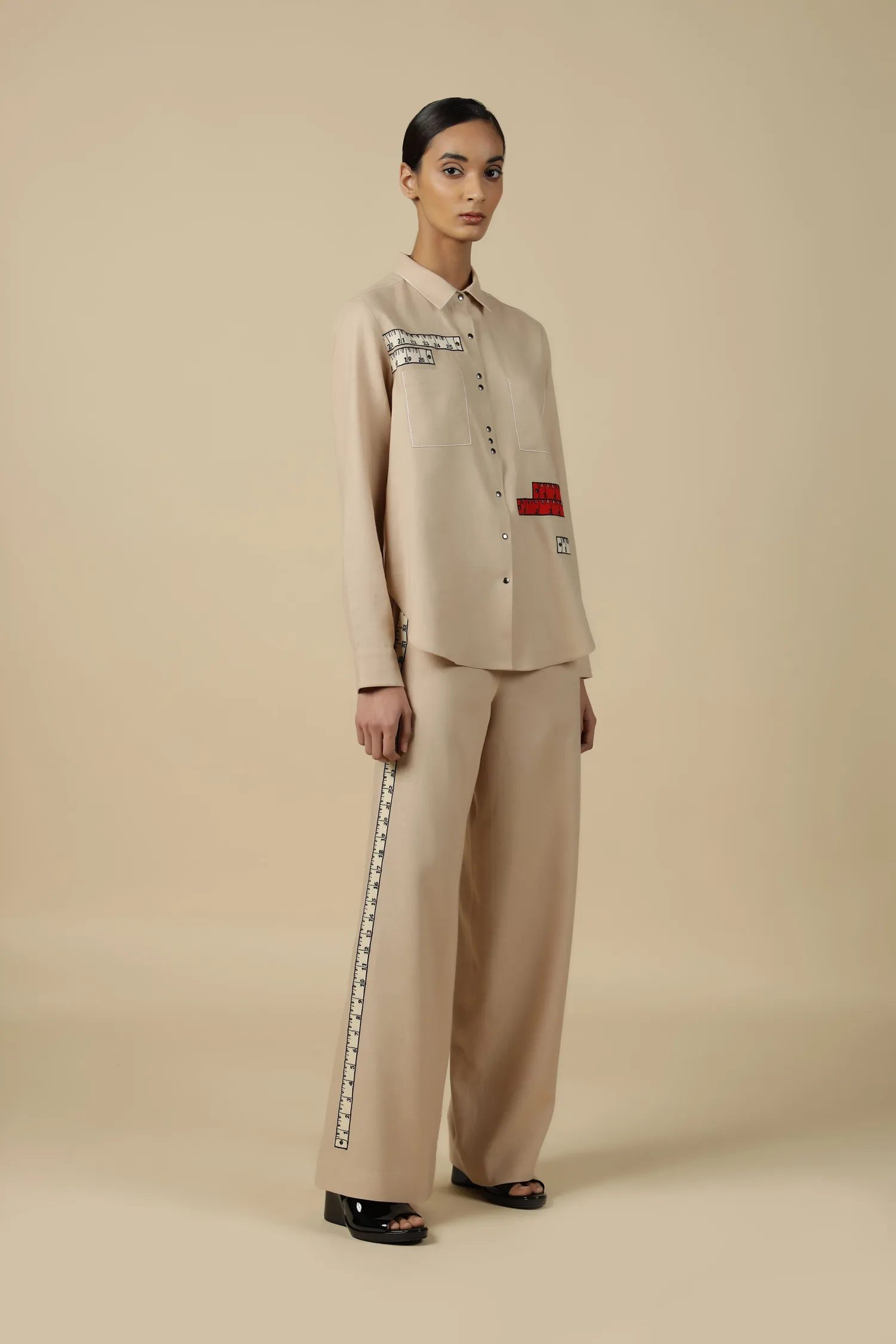 Measuring Tape High Low Shirt With Flared Pants