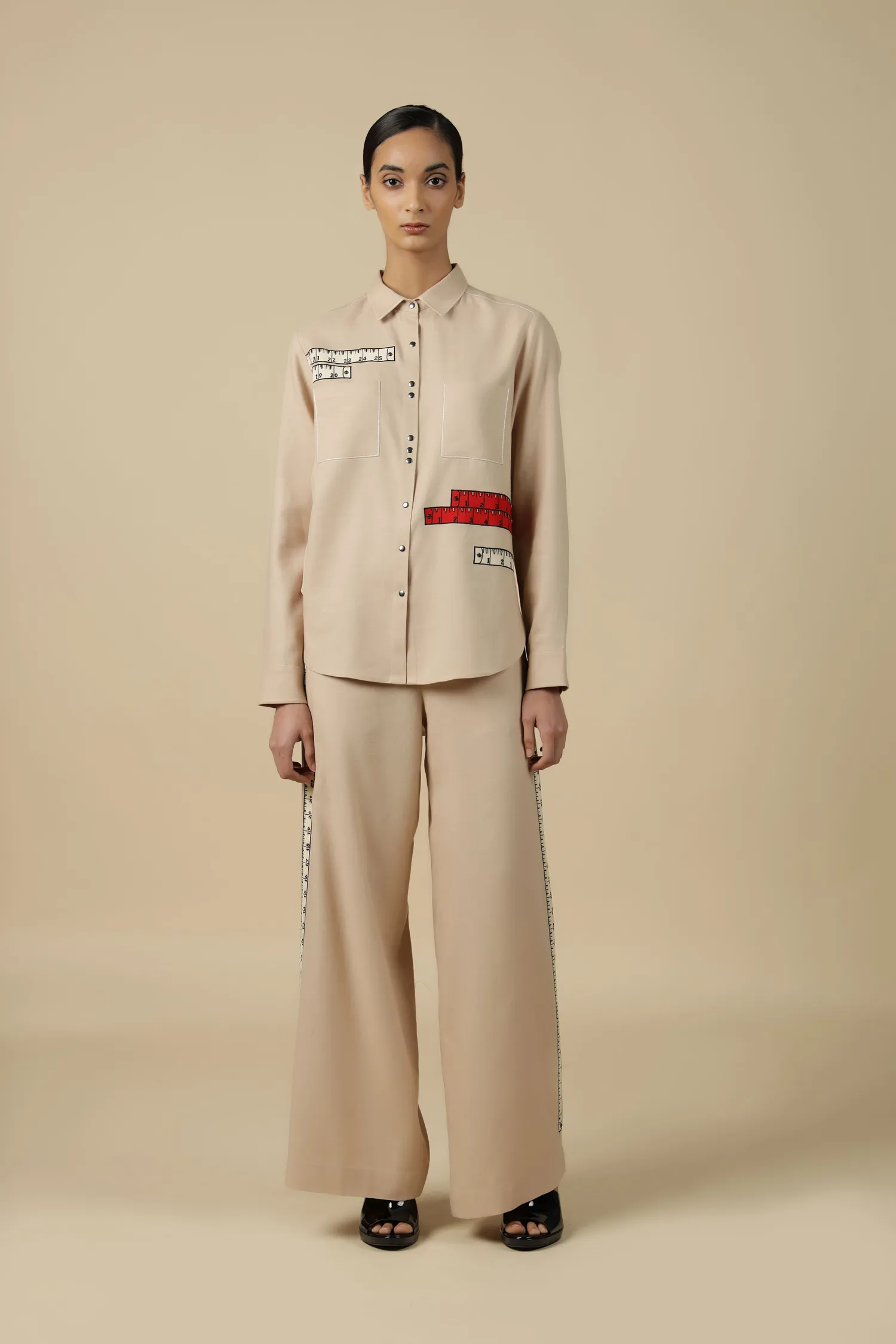 Measuring Tape High Low Shirt With Flared Pants