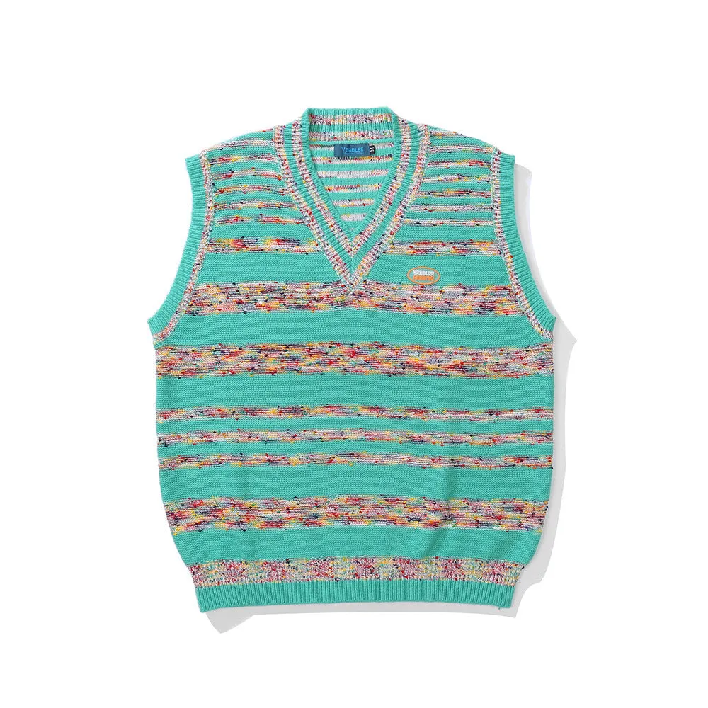 Men Sweater Vest Color Striped Embroidered Knitted Waistcoat Men's Loose V-neck Sleeveless Sweater Vest