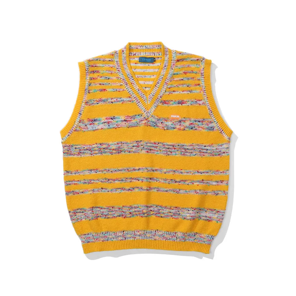 Men Sweater Vest Color Striped Embroidered Knitted Waistcoat Men's Loose V-neck Sleeveless Sweater Vest