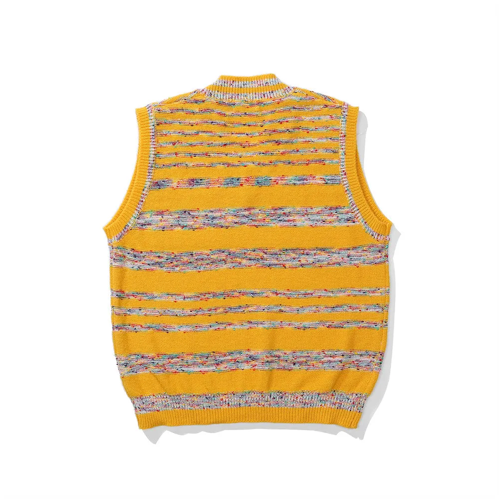 Men Sweater Vest Color Striped Embroidered Knitted Waistcoat Men's Loose V-neck Sleeveless Sweater Vest