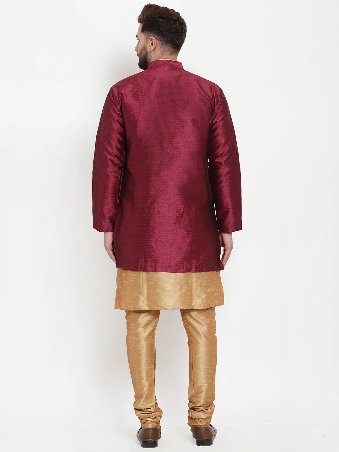 Men's Copper Kurta With Pyjama & Wine Self Design Jacket - Benstoke