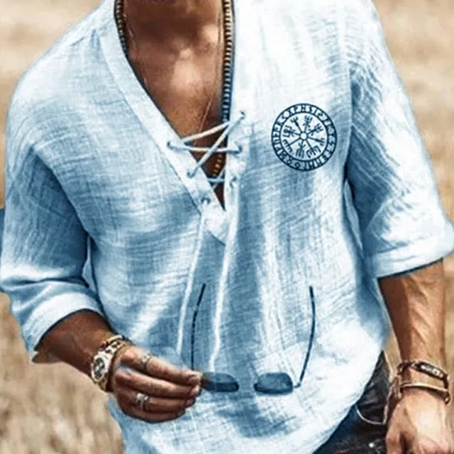 Men's Hollow Out Linen Oversized T shirt Summer Male Sexy Deep V Neck bandage Men Clothing Casual Solid Color Linen Tops