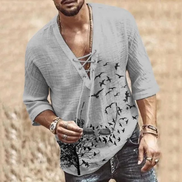 Men's Hollow Out Linen Oversized T shirt Summer Male Sexy Deep V Neck bandage Men Clothing Casual Solid Color Linen Tops