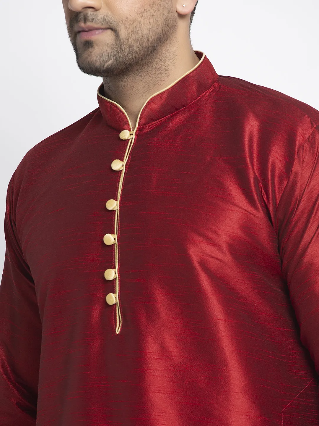 Men's Maroon Solid Kurta With Gold Dhoti Pant - Benstoke