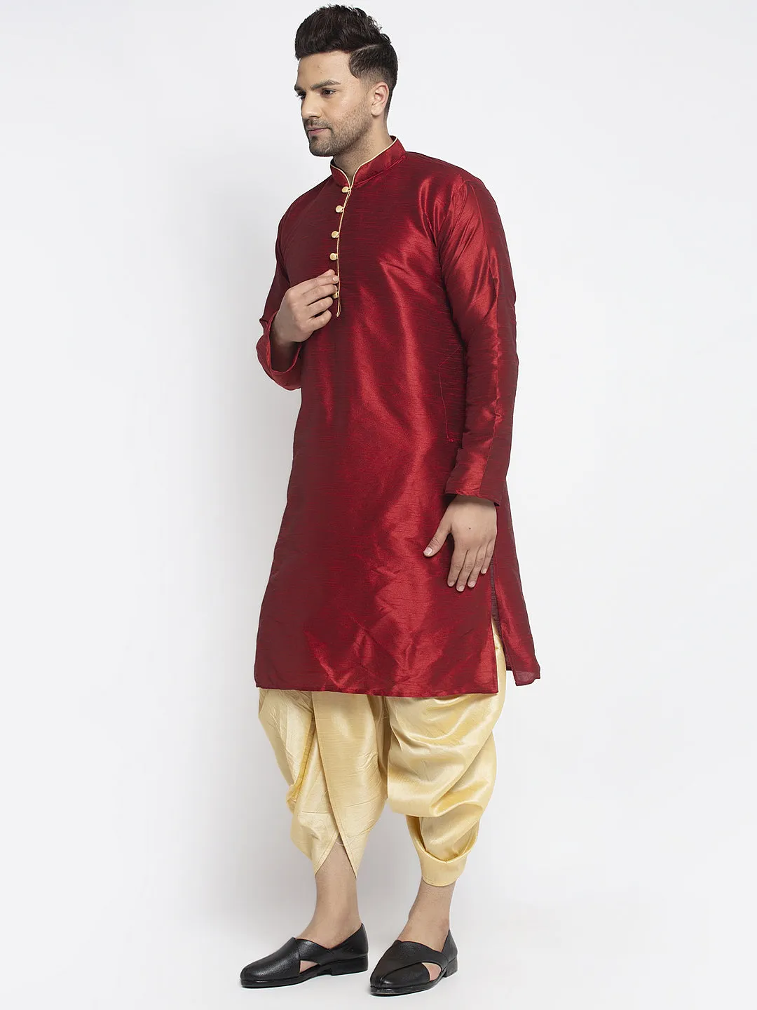 Men's Maroon Solid Kurta With Gold Dhoti Pant - Benstoke