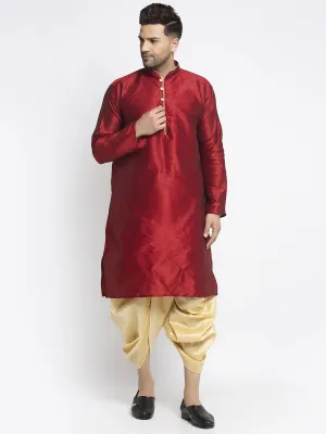 Men's Maroon Solid Kurta With Gold Dhoti Pant - Benstoke