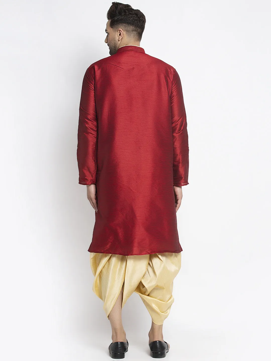 Men's Maroon Solid Kurta With Gold Dhoti Pant - Benstoke