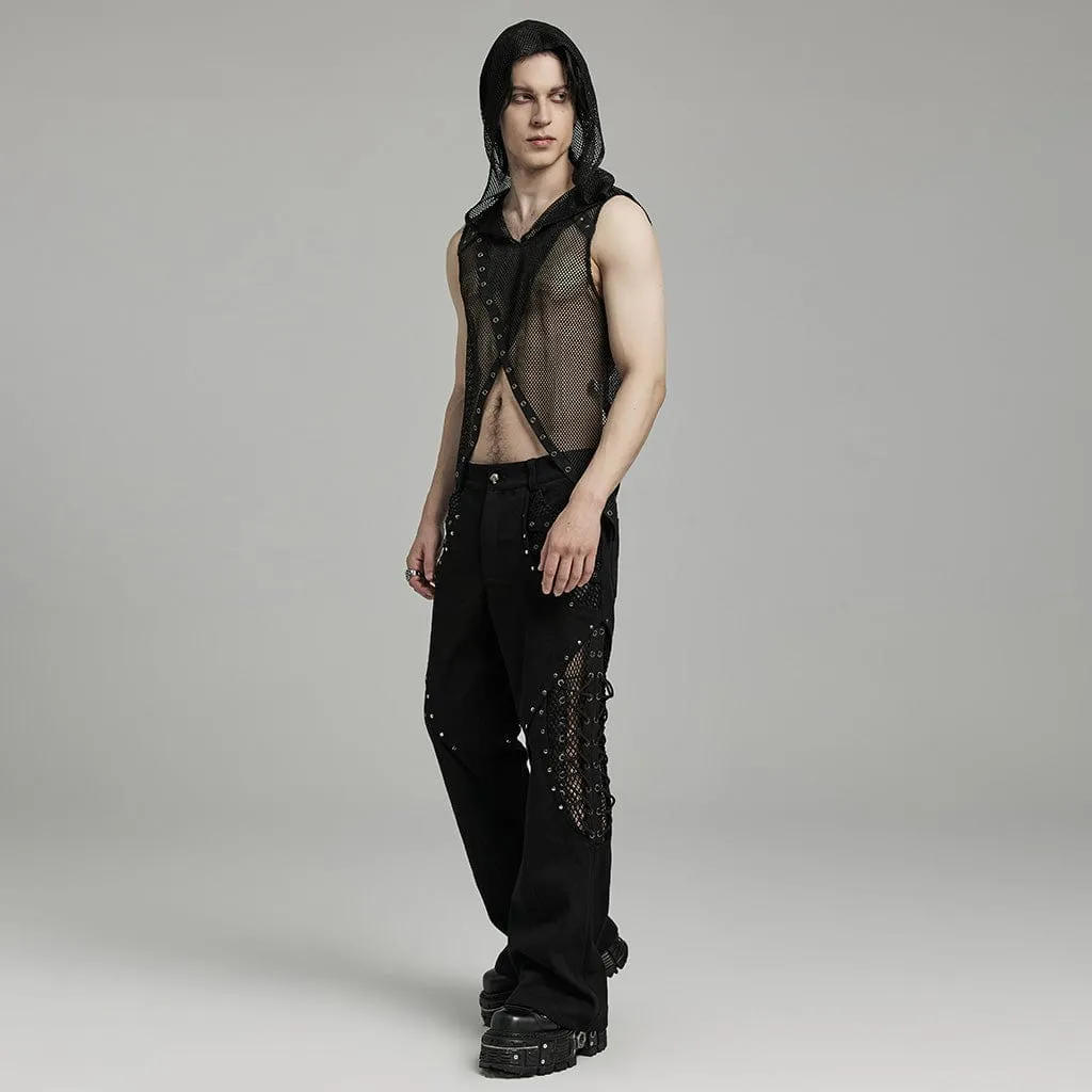 Men's Punk Rock Mesh Splice Eyelet Straps Flared Pants