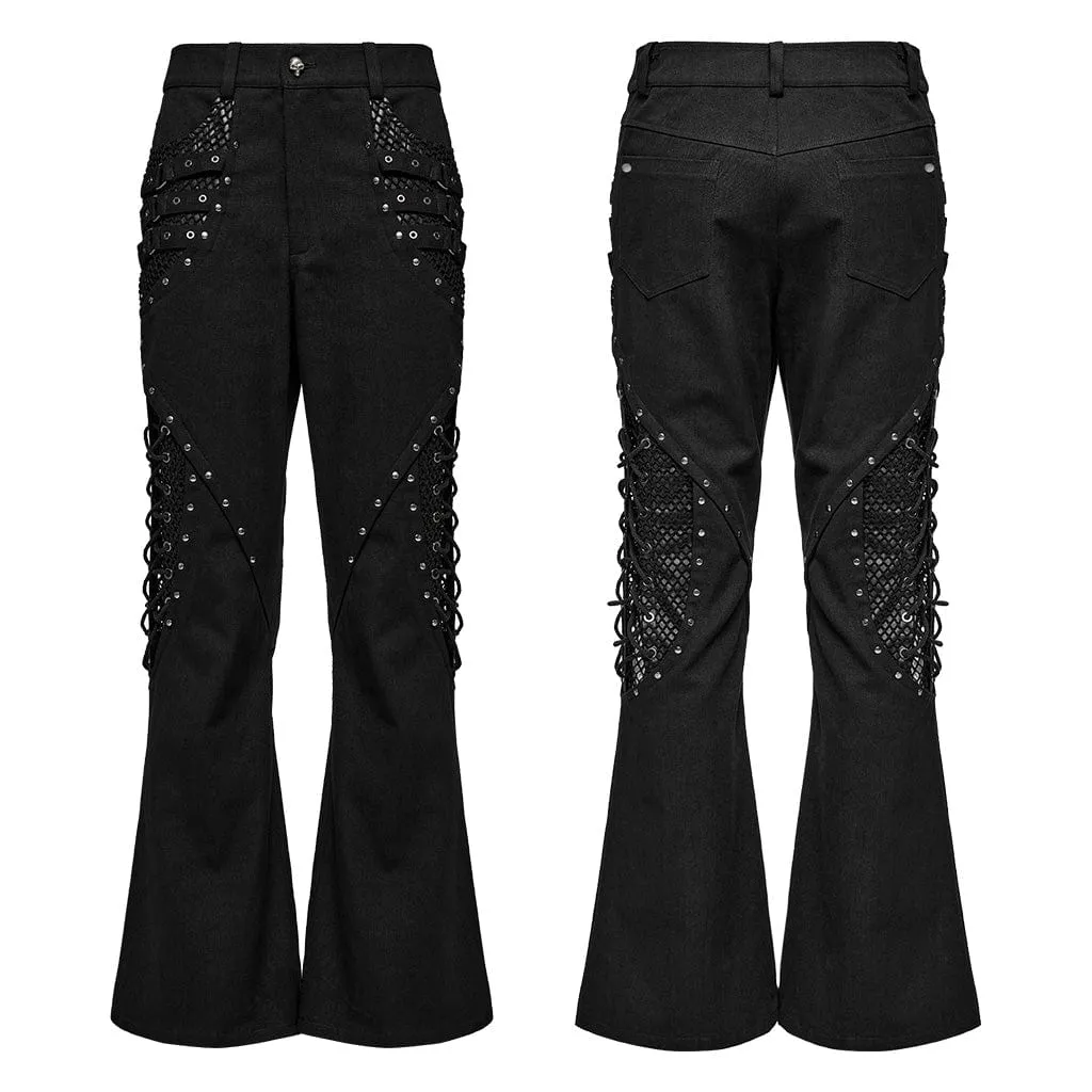 Men's Punk Rock Mesh Splice Eyelet Straps Flared Pants