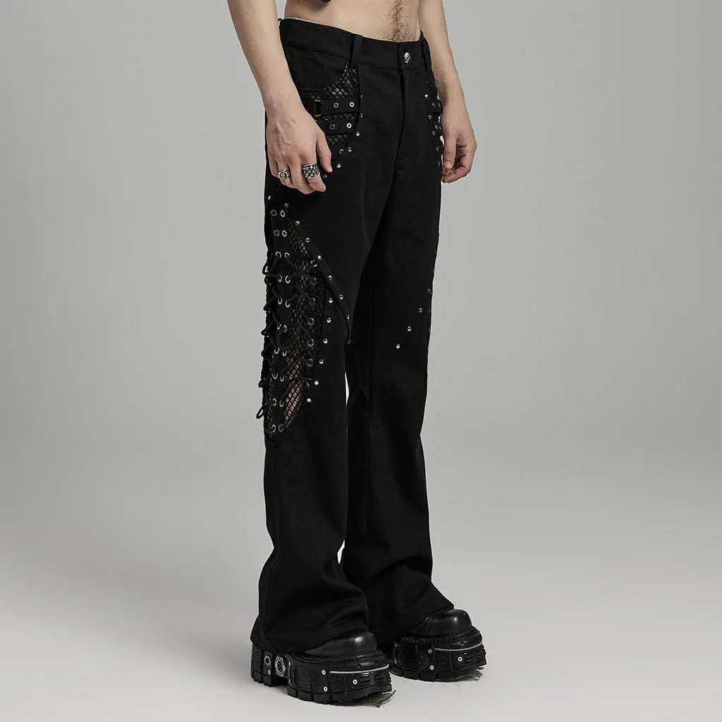 Men's Punk Rock Mesh Splice Eyelet Straps Flared Pants