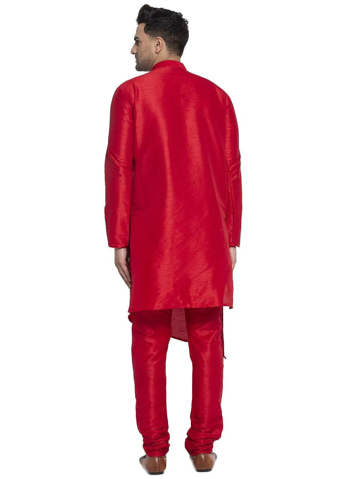 Men's Red Solid Asymmetric Kurta With Churidaar Pyjama - Benstoke