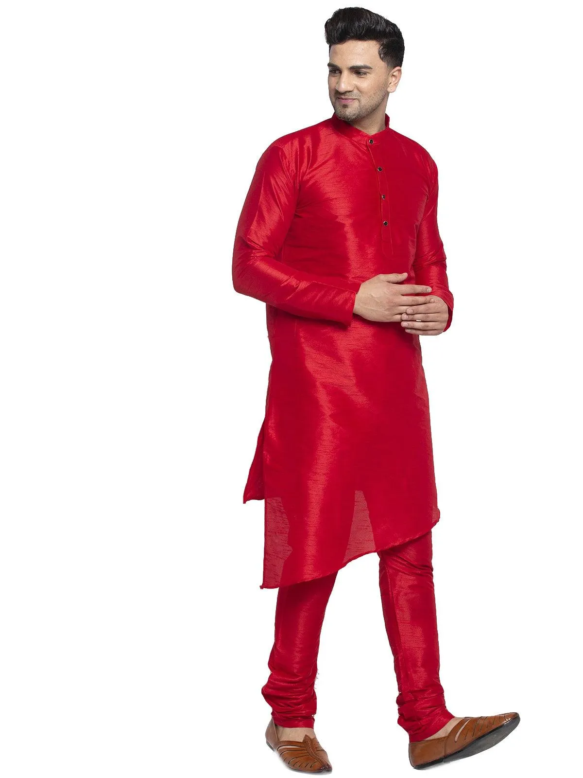 Men's Red Solid Asymmetric Kurta With Churidaar Pyjama - Benstoke