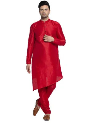 Men's Red Solid Asymmetric Kurta With Churidaar Pyjama - Benstoke