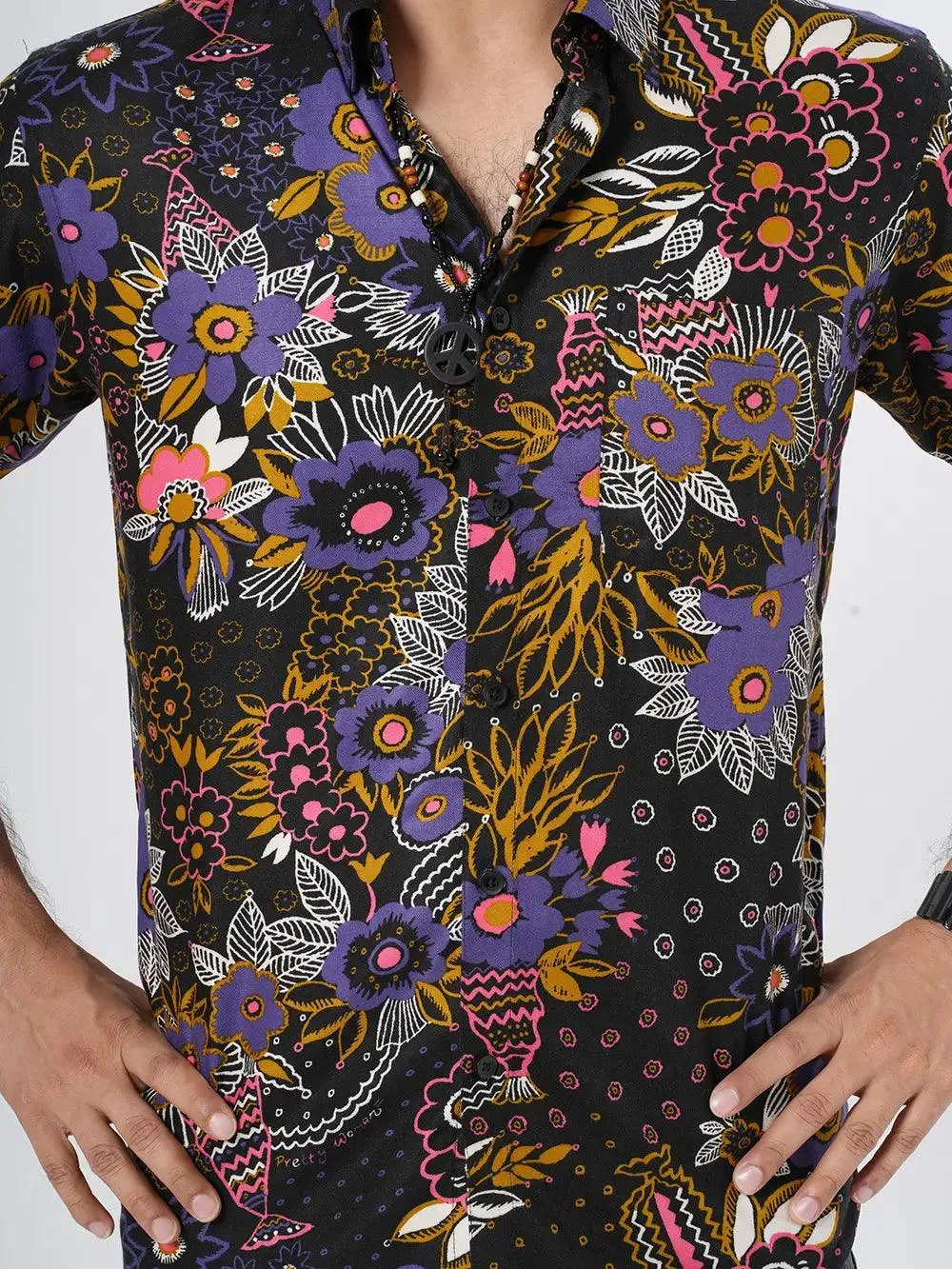 Men's Relax Short Sleeve in Black Floral Shirt