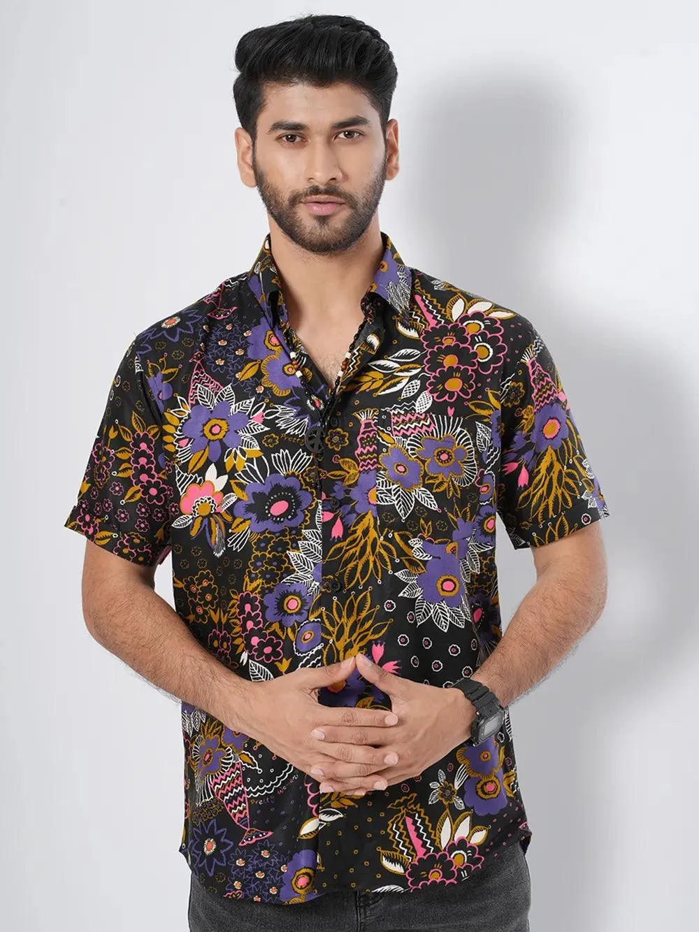 Men's Relax Short Sleeve in Black Floral Shirt