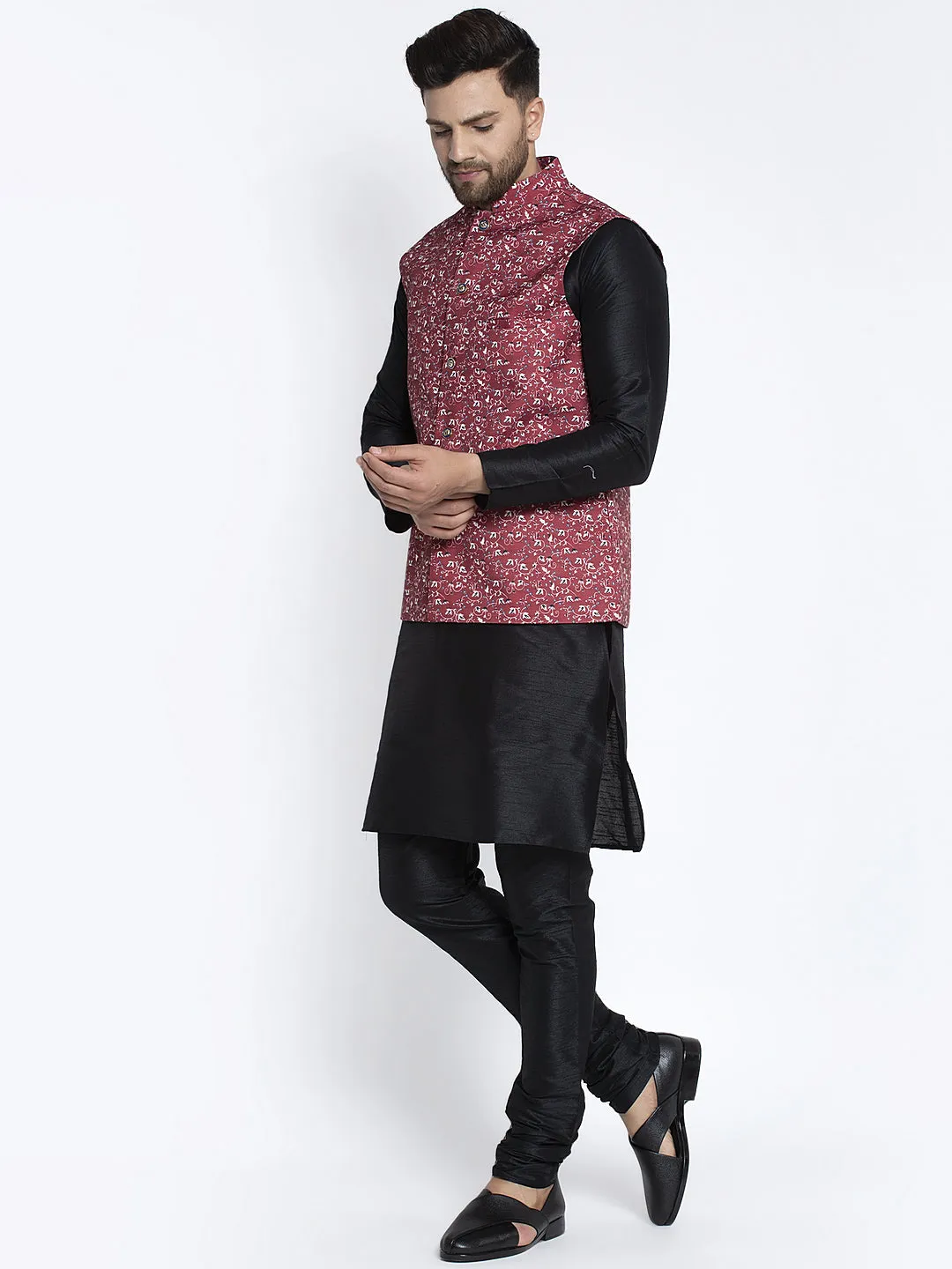 Men's Silk Blend Black Kurta With Pyjama & Maroon Printed Nehru Jacket - Benstoke