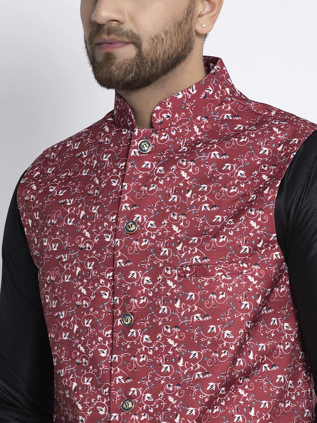 Men's Silk Blend Black Kurta With Pyjama & Maroon Printed Nehru Jacket - Benstoke