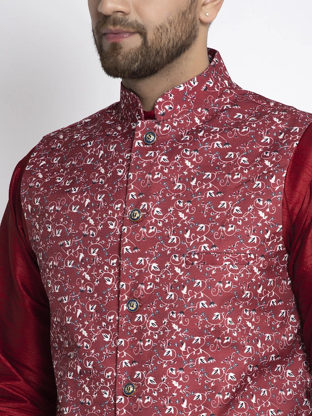 Men's Silk Blend Maroon Kurta With Pyjama & Maroon Printed Nehru Jacket - Benstoke