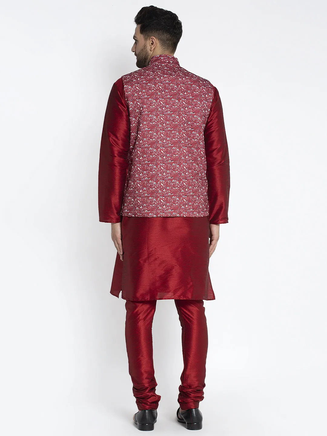 Men's Silk Blend Maroon Kurta With Pyjama & Maroon Printed Nehru Jacket - Benstoke