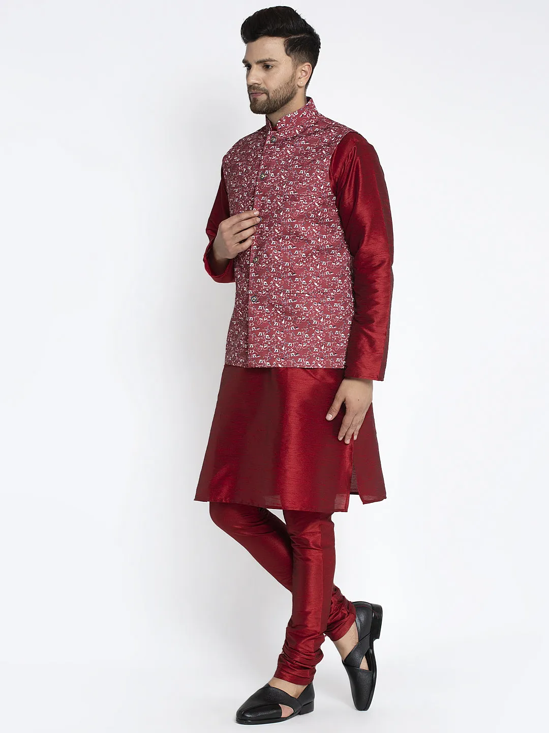 Men's Silk Blend Maroon Kurta With Pyjama & Maroon Printed Nehru Jacket - Benstoke