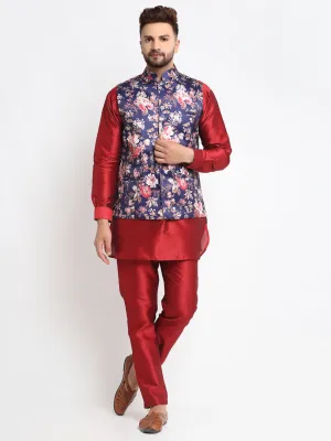 Men's Silk Blend Maroon Kurta With Pyjama & Navy Blue Printed Nehru Jacket - Benstoke