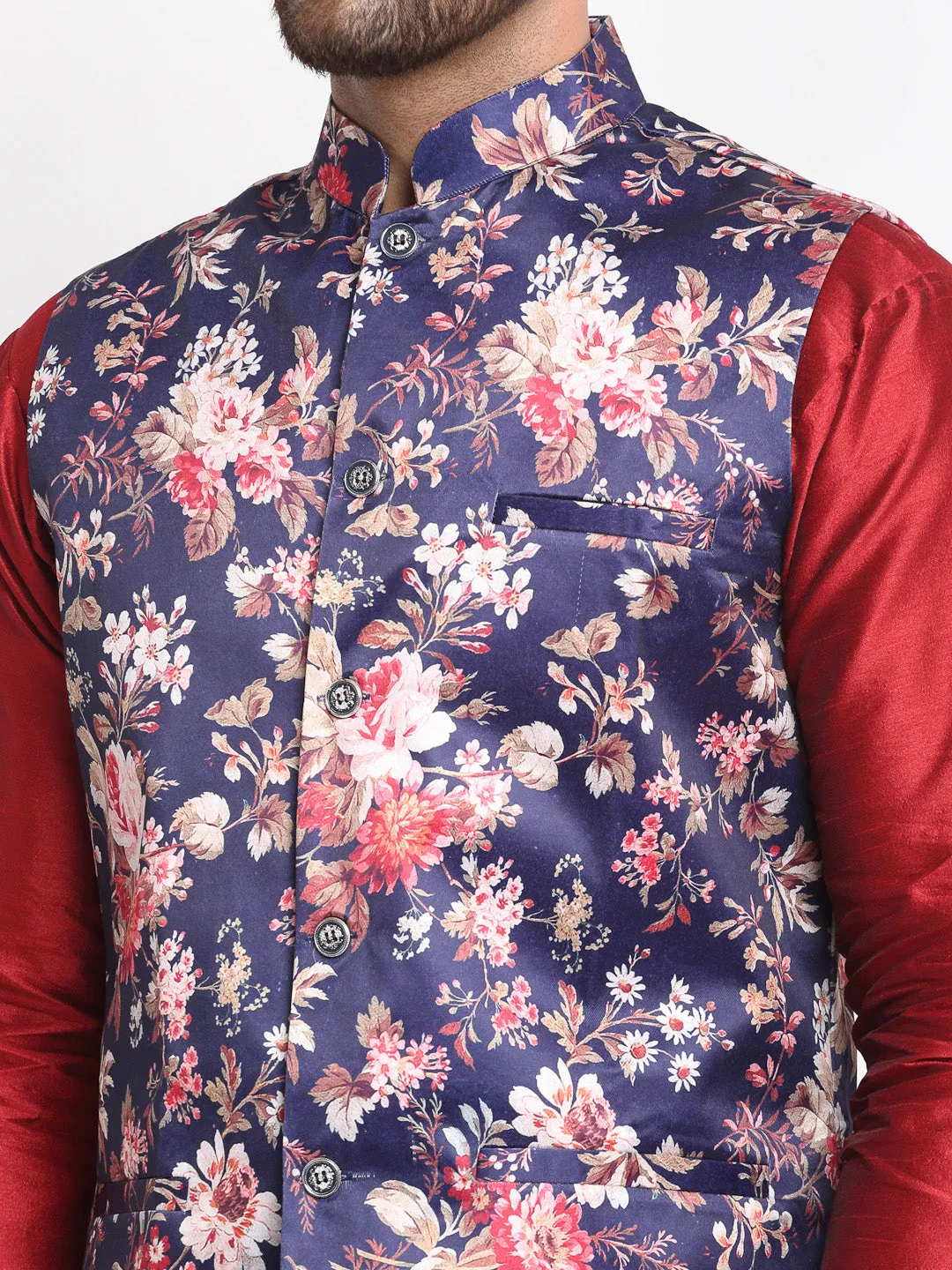 Men's Silk Blend Maroon Kurta With Pyjama & Navy Blue Printed Nehru Jacket - Benstoke