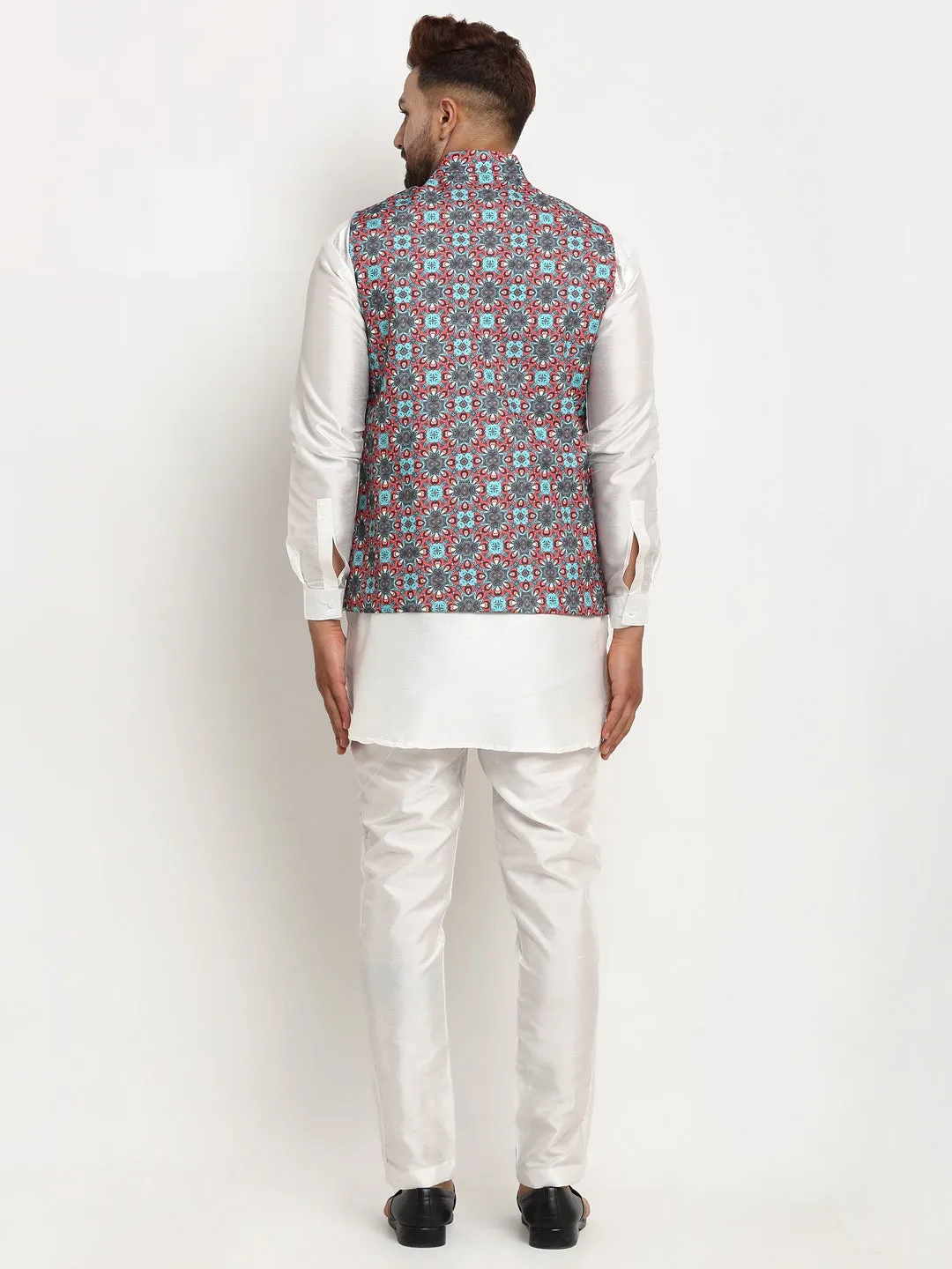 Men's Silk Blend White Kurta With Pyjama & Sky Blue Printed Nehru Jacket - Benstoke