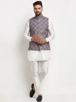 Men's Silk Blend White Kurta With Pyjama & Sky Blue Printed Nehru Jacket - Benstoke