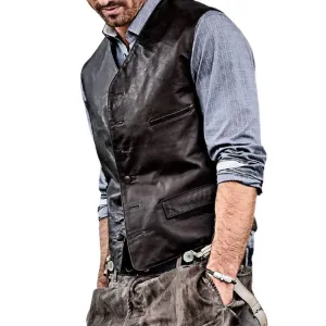 Men's Vintage Multi-pocket Single Breasted Leather Vest 29058342Y