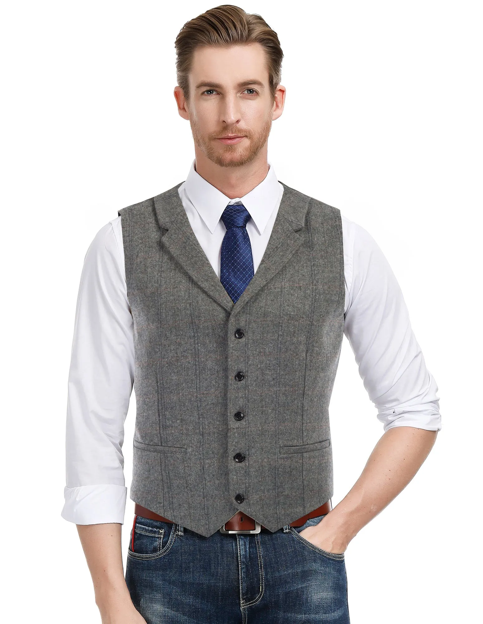 Mens Western Herringbone Suit Vest Tweed Wool Blend Slim Fit Waistcoats