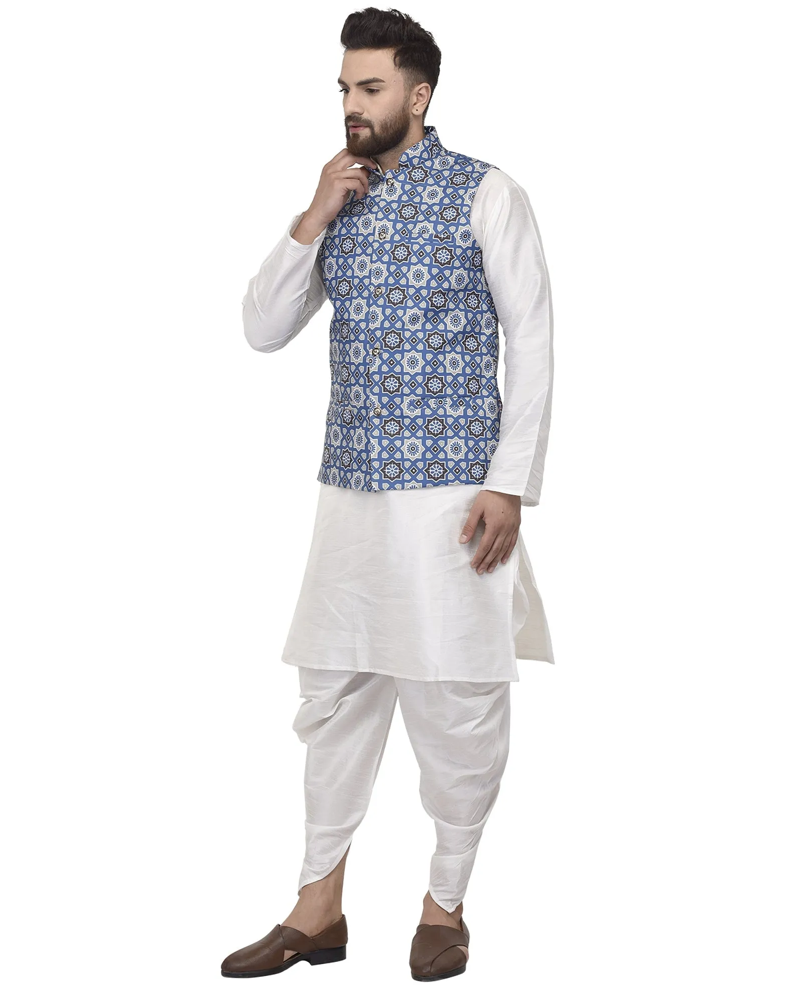 Men's White Kurta With Dhoti & Blue Printed Nehru Jacket - Benstoke