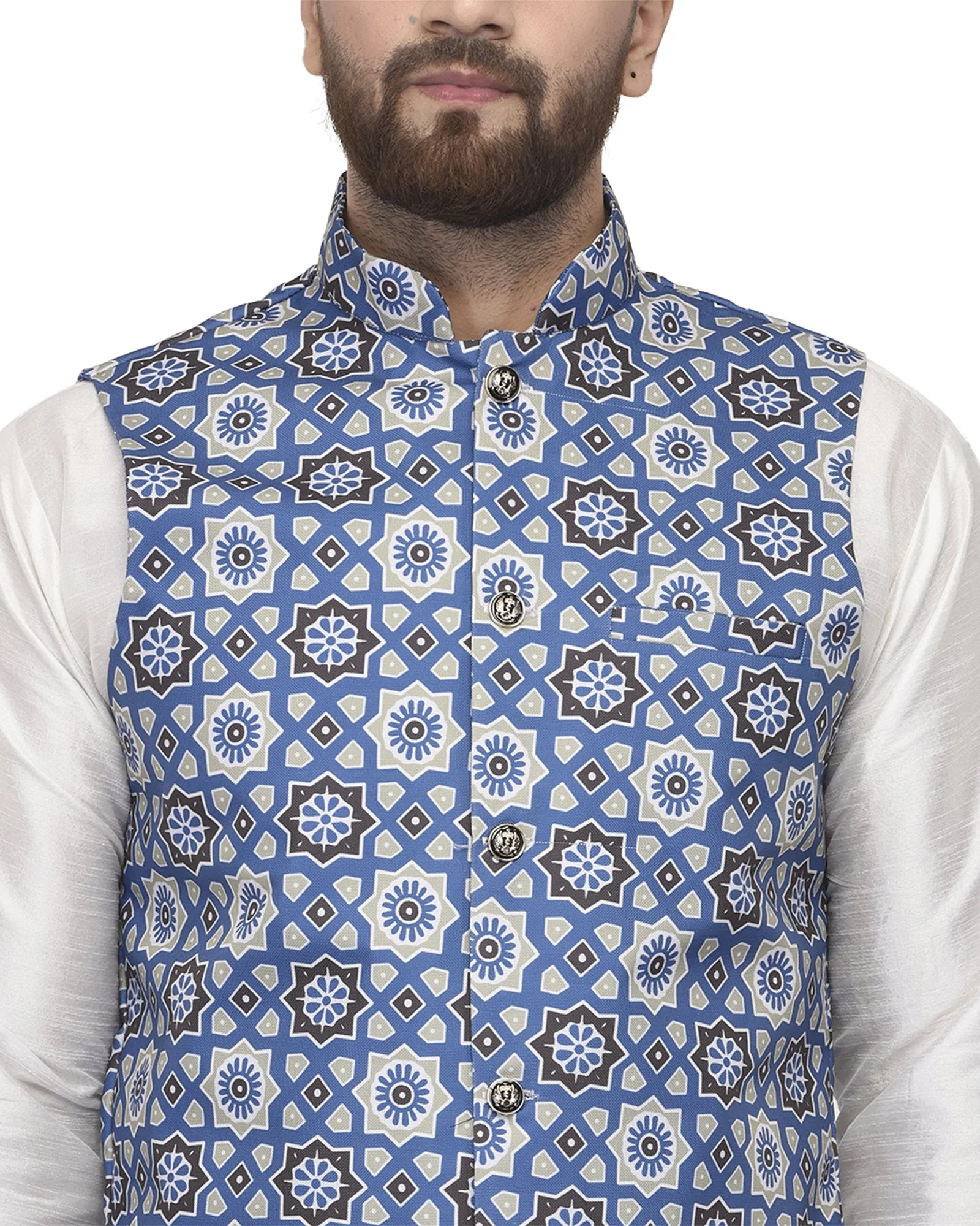 Men's White Kurta With Dhoti & Blue Printed Nehru Jacket - Benstoke