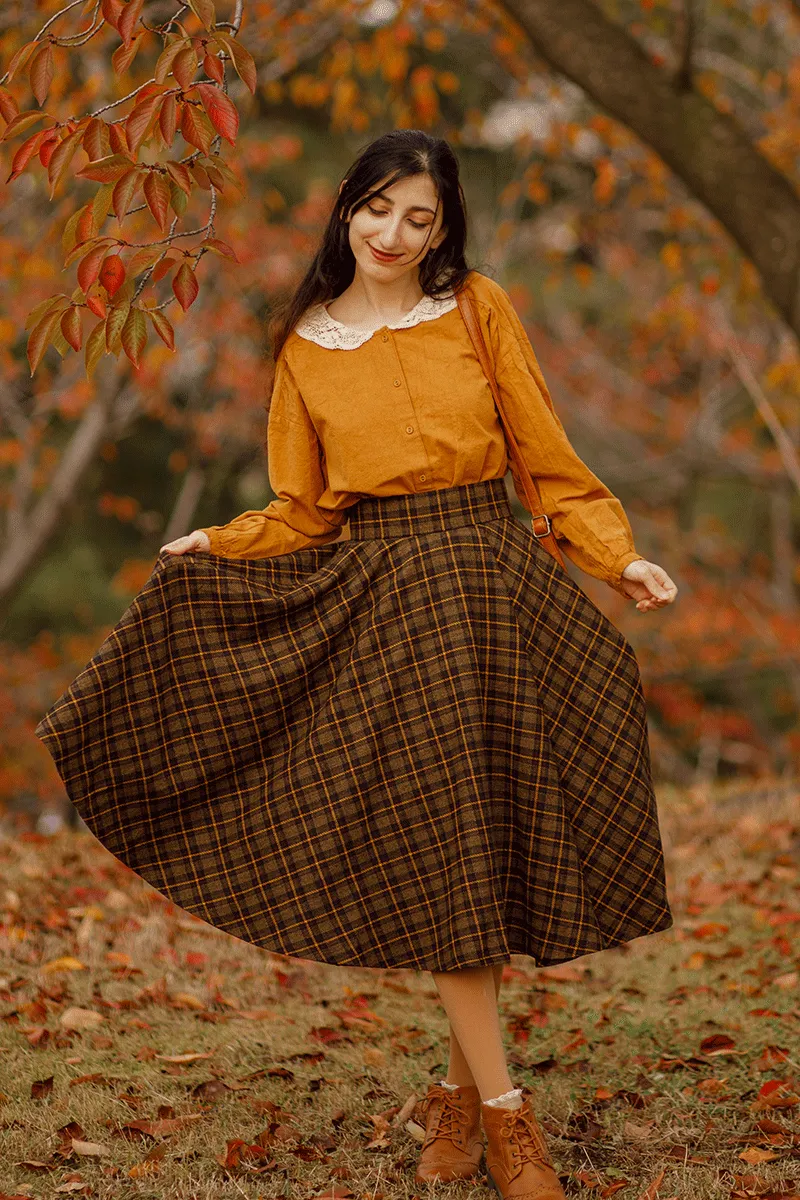 Midi Wool Plaid Circle Skirt For Women 4733