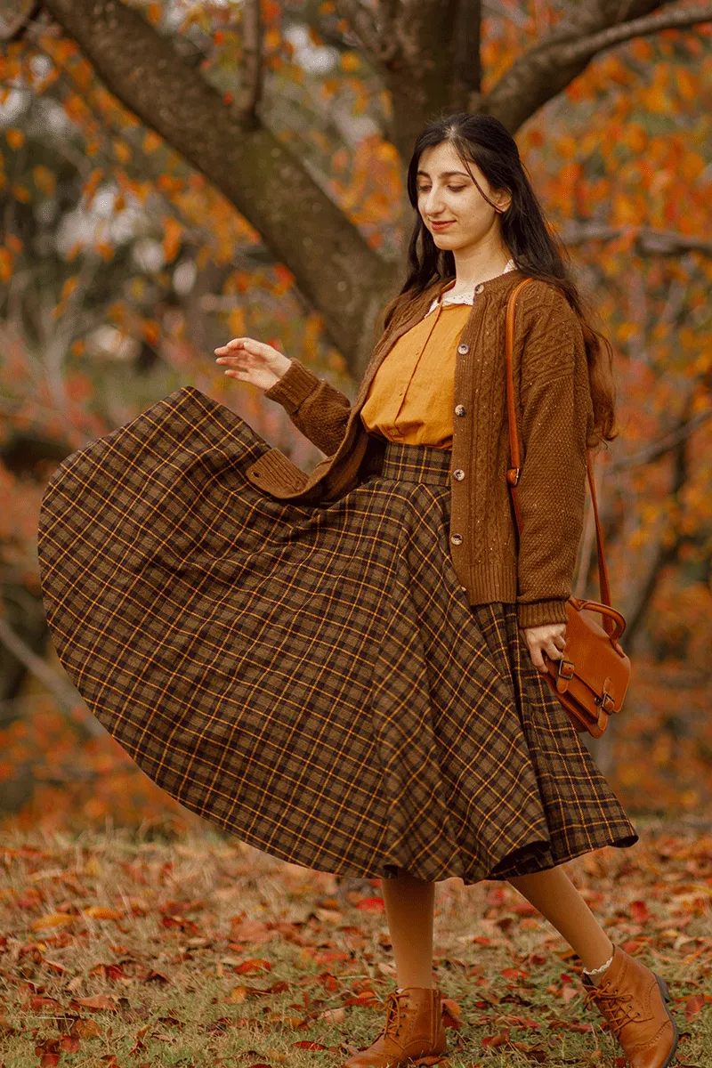 Midi Wool Plaid Circle Skirt For Women 4733